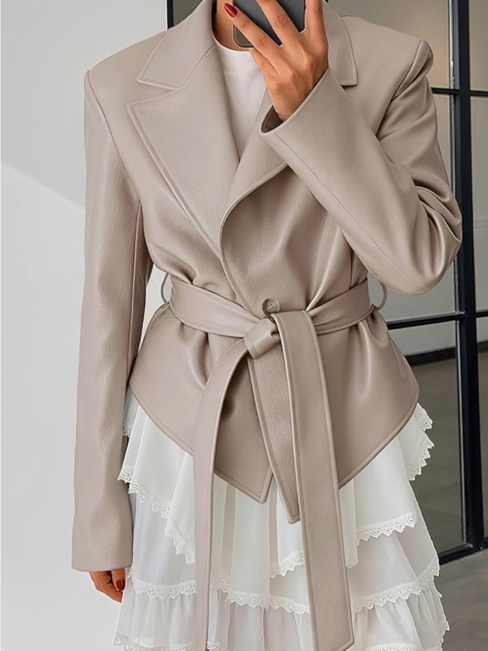 NEVER WORN - Women's Faux Leather Blazer Jacket - Contemporary Belted Coat - Picture 2 of 6